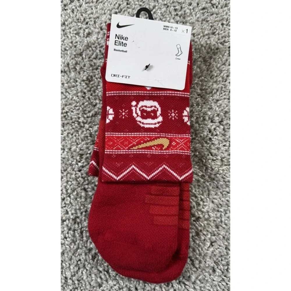 NEW Nike Elite‎ Basketball Dri Fit Ugly Christmas Crew Socks Red Men 8-12